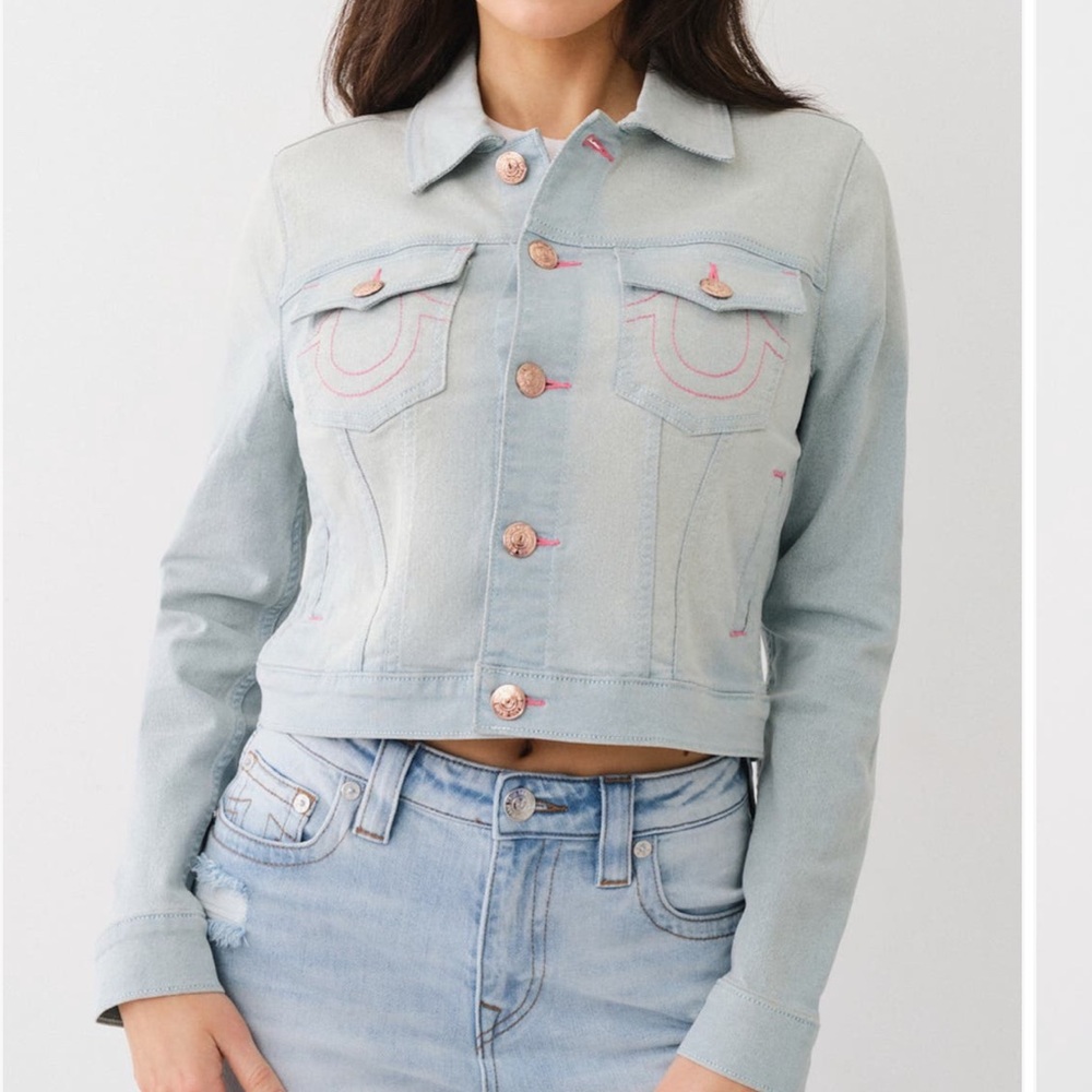 NEW! TRUE RELIGION BRAND JEANS Light Lakeside Wash Jesse Crop Denim Jacket Sz L